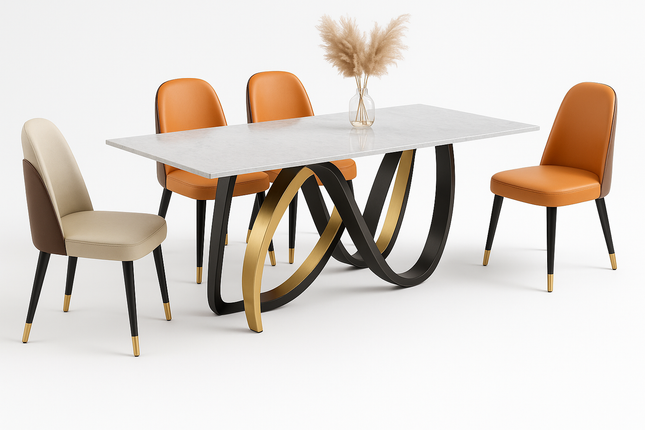 Moderne Eettafelset – Design Tafel met Golvend Onderstel – Inclusief 6 Stoelen