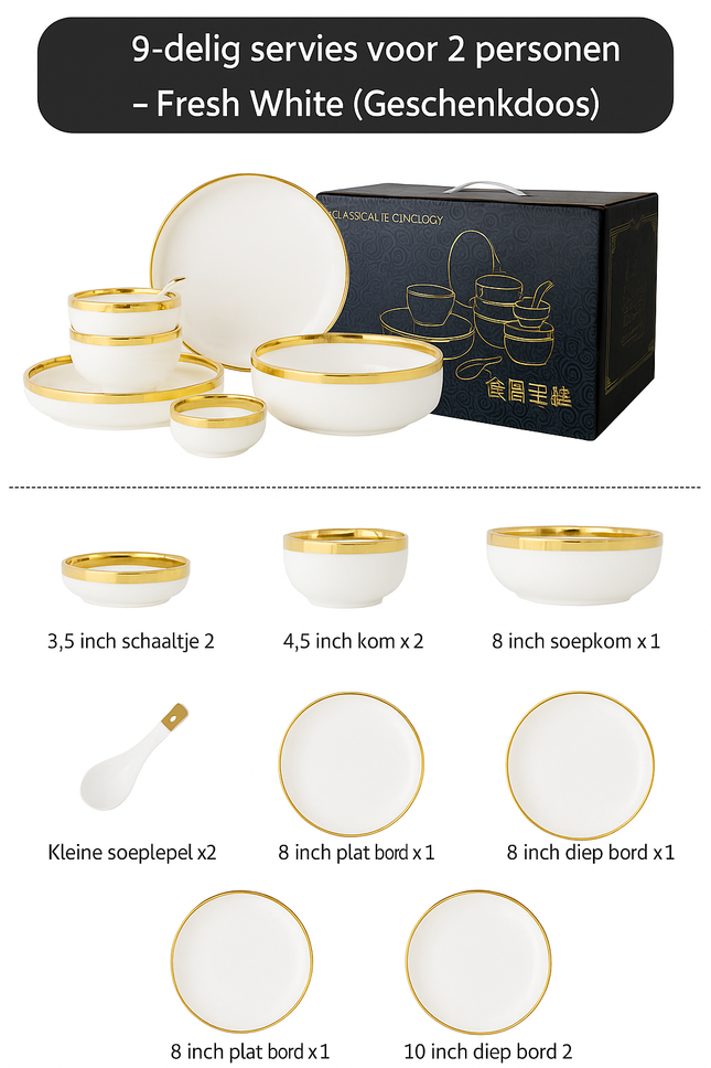 Luxe  9-delige tot 26-delige Porseleinen Servieset – Wit met goud  Rand, Moderne Elegantie voor Dineren
