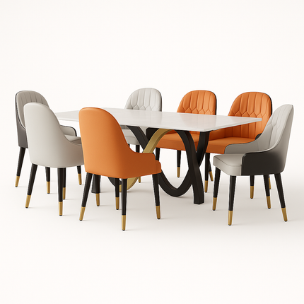 Moderne Eettafelset – Design Tafel met Golvend Onderstel – Inclusief 6 Stoelen