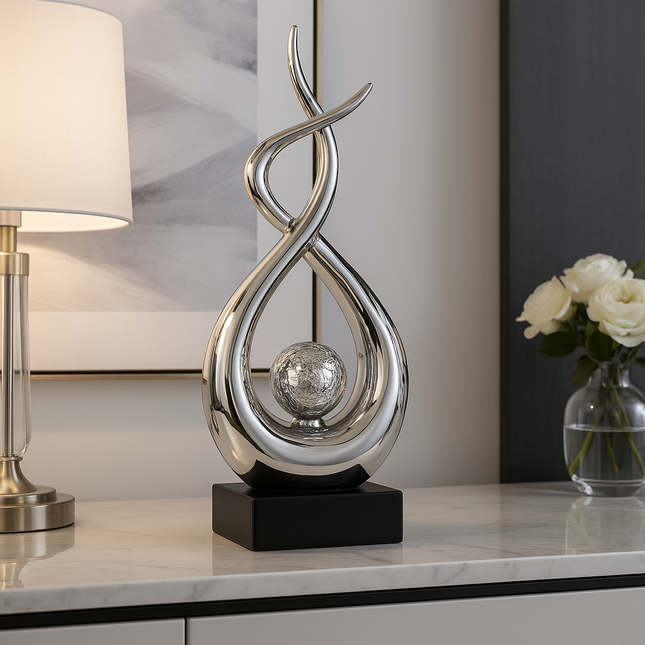 Abstracte Sculptuur – Interieurdecoratie Beeld – Woonkamer & Kantoor – Wit met Zwarte Sokkel – 30 cm