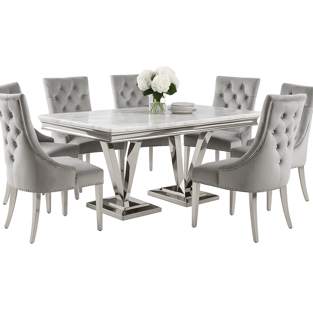 Eettafelset – Glanzende Marmerlook Tafel met Zilveren Onderstel – 6 Fluwelen Stoelen – Glamour Design