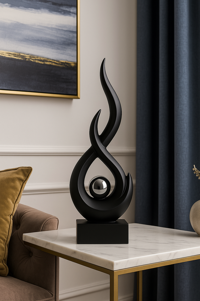 Modern Abstract Sculptuur – Zwart/Wit – Decoratief Beeld met Vlamvorm