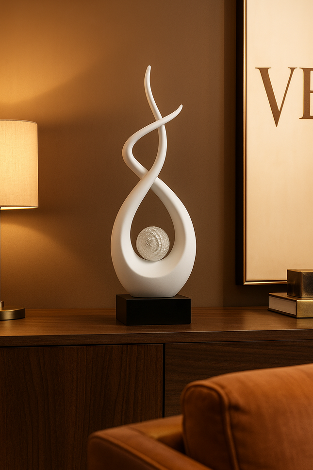 Abstracte Sculptuur – Interieurdecoratie Beeld – Woonkamer & Kantoor – Wit met Zwarte Sokkel – 30 cm