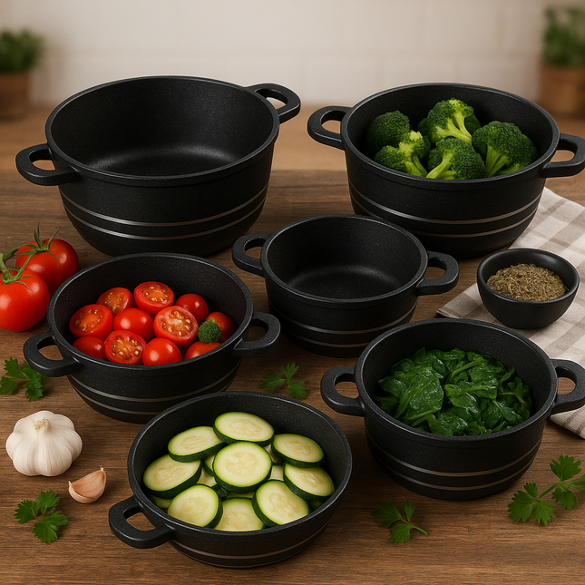 Luxe 5-delige Rood Pannenset met Glasdeksels – Duurzaam & Stijlvol