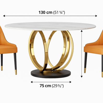Ronde Eettafel Set – 6 Stoelen – Marmerlook Tafelblad Ø135 cm – Goud RVS Onderstel – Eetkamerset – Montageklaar
