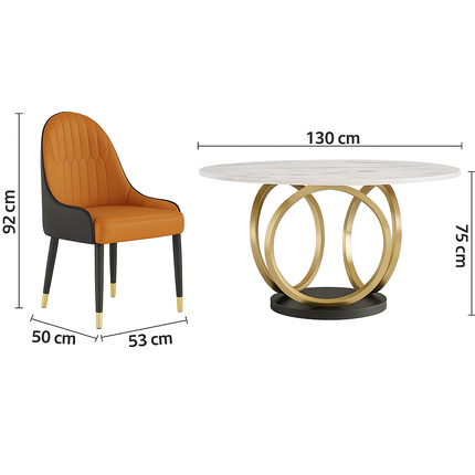 Ronde Eettafel Set – 6 Stoelen – Marmerlook Tafelblad Ø135 cm – Goud RVS Onderstel – Eetkamerset – Montageklaar