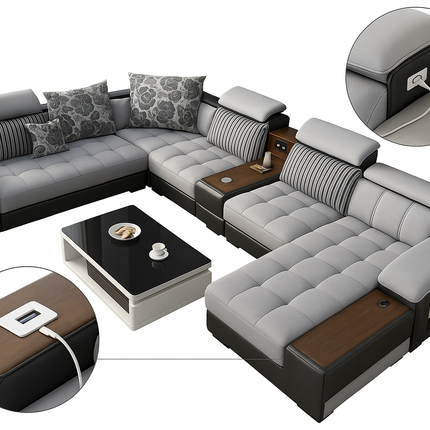 Moderne Luxe Hoekbank met USB, Bluetooth, Vingerafdrukslot & Opbergruimte – Modulaire Designbank in L-vorm