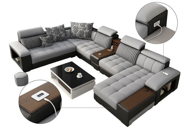 Moderne Luxe Hoekbank met USB, Bluetooth, Vingerafdrukslot & Opbergruimte – Modulaire Designbank in L-vorm