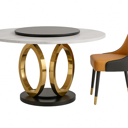 Ronde Eettafel Set – 6 Stoelen – Marmerlook Tafelblad Ø135 cm – Goud RVS Onderstel – Eetkamerset – Montageklaar
