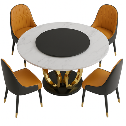Ronde Eettafel Set – 6 Stoelen – Marmerlook Tafelblad Ø135 cm – Goud RVS Onderstel – Eetkamerset – Montageklaar