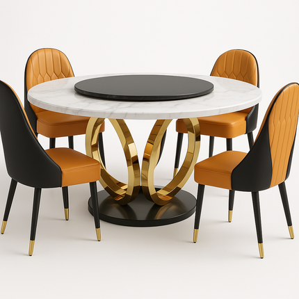Ronde Eettafel Set – 6 Stoelen – Marmerlook Tafelblad Ø135 cm – Goud RVS Onderstel – Eetkamerset – Montageklaar