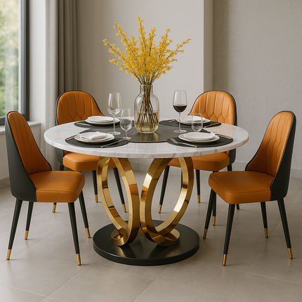 Ronde Eettafel Set – 6 Stoelen – Marmerlook Tafelblad Ø135 cm – Goud RVS Onderstel – Eetkamerset – Montageklaar