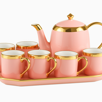 Porseleinen Theeset met Gouden Rand – 7-delig (6 kopjes + Theepot + Dienblad