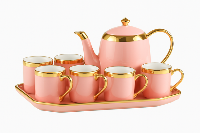 Porseleinen Theeset met Gouden Rand – 7-delig (6 kopjes + Theepot + Dienblad