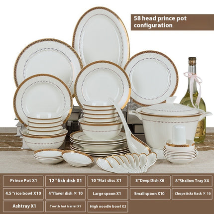 Luxe 58-delige Bone China Servieset – Moderne Europese Stijl Porselein met Schalen, Borden & Accessoires