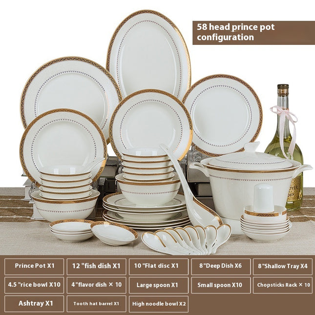 Luxe 58-delige Bone China Servieset – Moderne Europese Stijl Porselein met Schalen, Borden & Accessoires