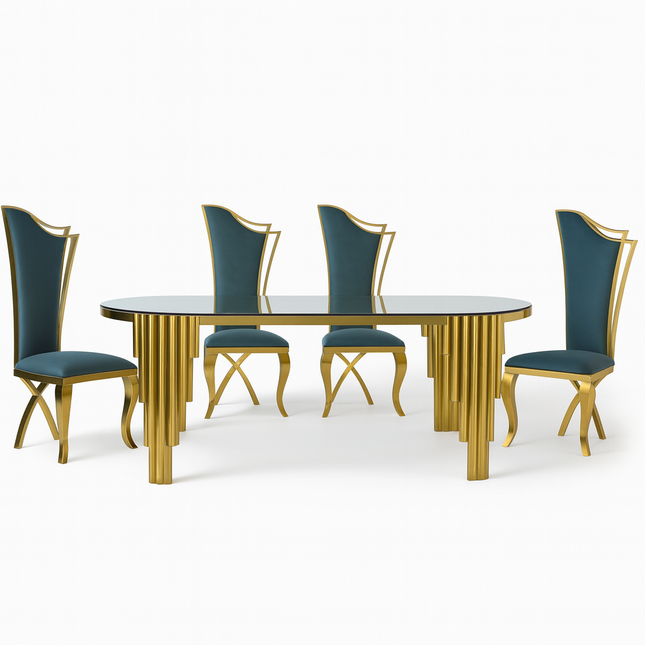 Luxe Eettafelset – Marmerlook Tafel met Gouden Onderstel – Inclusief 6 stoelen –  Velvet