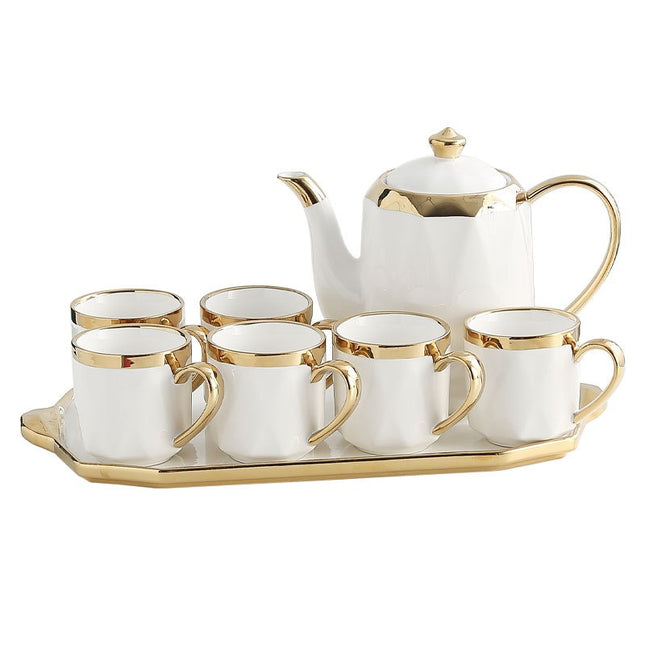Porseleinen Theeset met Gouden Rand – 7-delig (6 kopjes + Theepot + Dienblad